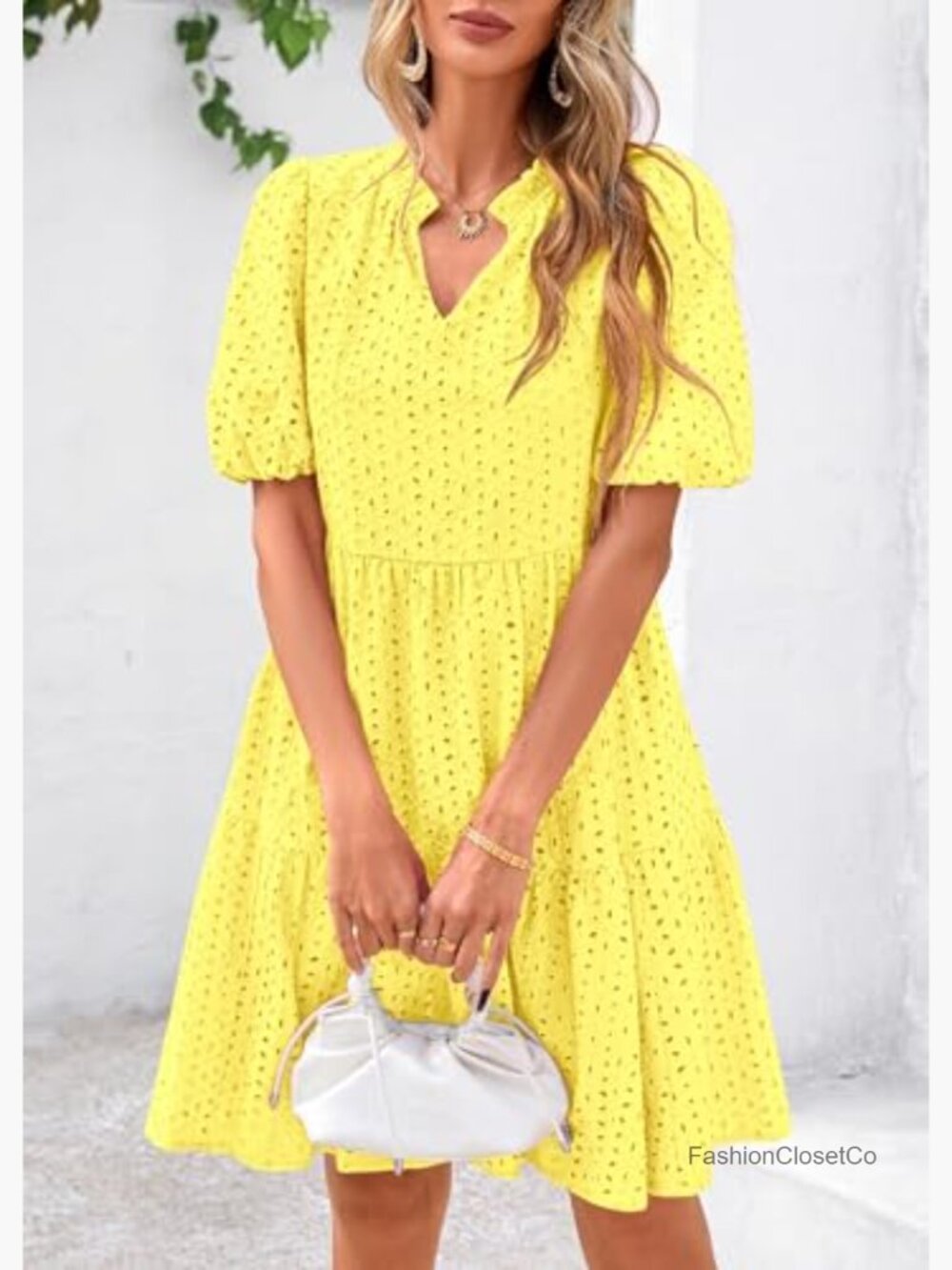 Eyelet Summer Mini Shift Dress with Pockets Short Sleeve V-Neck Tiered Cotton - Picture 3 of 7